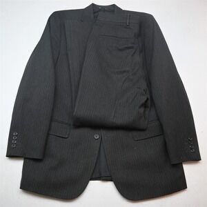 Vtg Y2K 2000s Boxy 42R 32x30 Gray Striped Mens Jacket Pants Suit